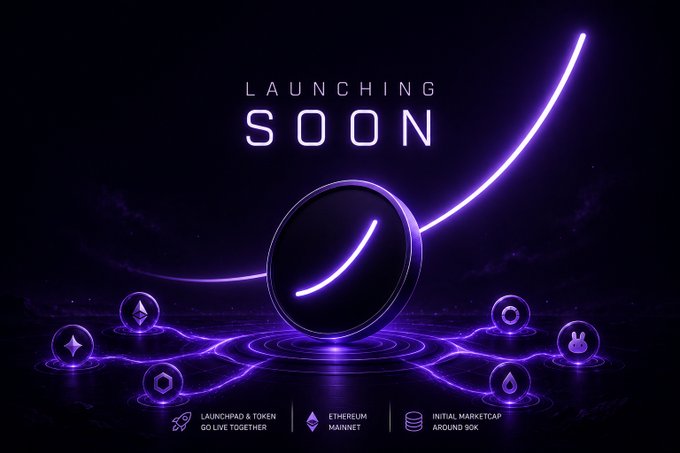 A dark promotional graphic with purple neon accents displays 'LAUNCHING SOON' above a glowing coin emblem, with smaller text noting 'LAUNCHPAD & TOKEN GO LIVE TOGETHER,' 'ETHEREUM MAINNET,' and 'INITIAL MARKETCAP AROUND 90K.'