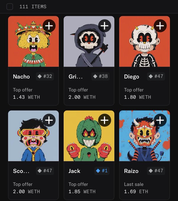 A screenshot of an NFT marketplace interface showing 111 cartoon-style collectible characters with names like Nacho (#32), Gri..., Diego (#47), Sco..., Jack (#1), and Raizo (#47), each priced in WETH.