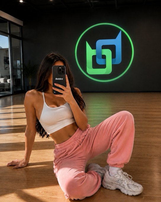 A woman taking a mirror selfie with a phone labeled 'Beldex', wearing a white sports bra and pink sweatpants, with a large green and blue Beldex logo illuminated on the wall behind her.