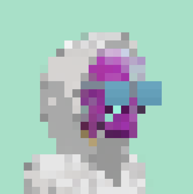 A pixelated, low-resolution digital portrait of a gray-skinned character with purple facial markings against a mint green background.