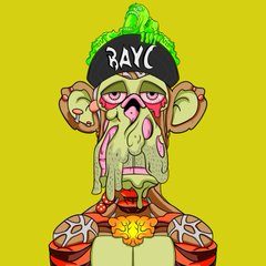A digital illustration of a character with green skin, large ears, and a melting face wearing a black beanie with the text "BAYC".