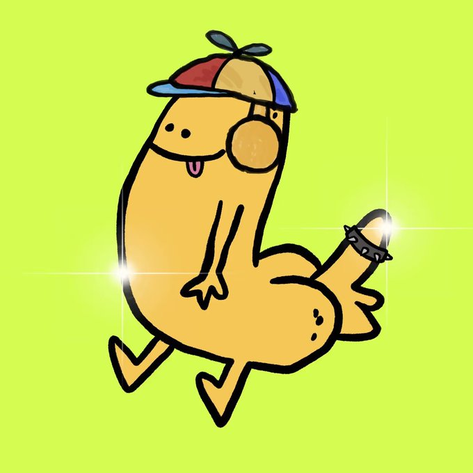 A yellow cartoon chicken character wearing a colorful cap runs against a bright green background, with sparkles highlighting its rear.