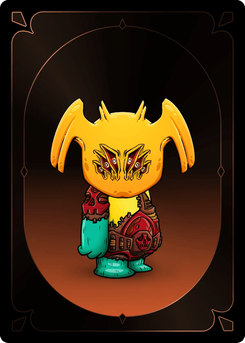A colorful cartoon-style trading card featuring a yellow, multi-eyed creature with horn-like appendages, wearing teal gloves, red armor, and a backpack with a skull emblem, set against a brown background.