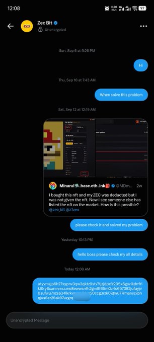 Telegram chat with 'Zec Bltz' showing messages about a ZEC token rift issue with a contract address (0x15cd...b1cc) and a user requesting help resolving the problem.
