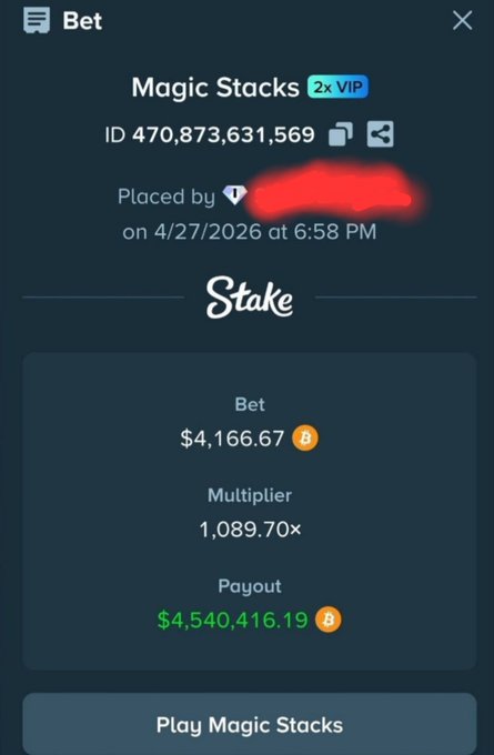 The image is a Stake betting slip from the "Magic Stacks" game, showing a $4,166.67 bet with a 1,089.70× multiplier that resulted in a $4,540,416.19 payout, placed on 4/27/2026. It serves as proof of the massive win the poster references—part of the roughly $5M profit they made before going on to lose around $3.5M chasing subsequent bets and crypto losses.