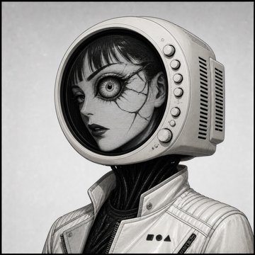 A black-and-white illustration depicts a cracked-faced female figure wearing a vintage television set as a helmet, with a subtle "#" visible on her collar. The image visually aligns with the post's preview of "Screenz," a monochrome avatar-style NFT collection, evoking the retro TV-screen aesthetic teased in the announcement.