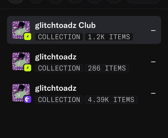 A screenshot of a digital marketplace listing three collections named 'glitchtoadz Club', 'glitchtoadz', and 'glitchtoadz', showing item counts of 1.2K, 286, and 4.39K respectively.