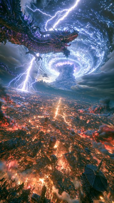 A massive dragon emerges from a swirling storm with lightning strikes above a burning cityscape at night. The apocalyptic imagery mirrors the dramatic "mimi event" countdown announcement, evoking the chaotic, high-stakes atmosphere of the upcoming 2-day event.