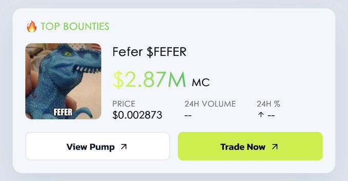 A "Top Bounties" crypto listing card highlights Fefer ($FEFER) at a $2.87M market cap with a $0.002873 price, no volume or 24H data shown. The image reinforces the post's claim that the token is currently under $3M and unlisted, positioning it as an early entry opportunity.