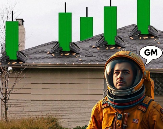 An astronaut in an orange spacesuit stands in front of a house roof with green candlestick chart bars emerging from it, with a speech bubble saying 'GM', referencing a 'Good Morning' crypto meme.