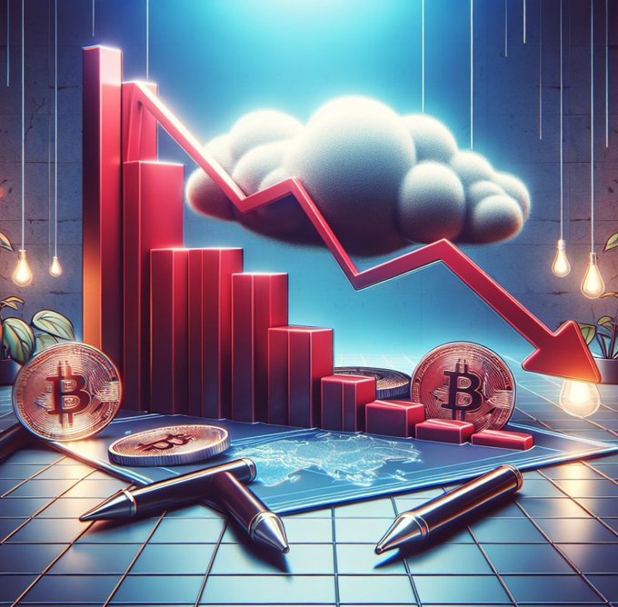 A 3D rendering depicting a cryptocurrency market downturn, featuring red descending bar charts, a downward arrow, Bitcoin coins, and a dark cloud.