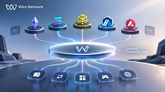 A promotional graphic for Wire Network shows various cryptocurrency logos connected to a central 'Universal Transaction Layer'.