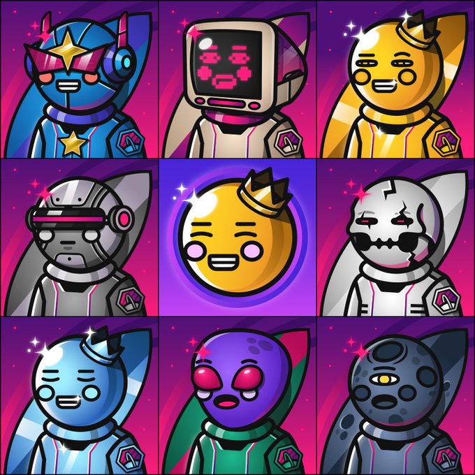 The image features a grid of eight different cartoon robot characters, each with unique facial expressions and body types. The robots are arranged in two rows of four, creating a visually appealing and organized layout. The colors used for the robots vary, adding depth and contrast to the overall design. The text "I'M incredibly biased, but I think @SpaceRidersXYZ has some of the cleanest 1/1s in the space (pun intended)" suggests that the artist may have a personal connection or admiration for the collection displayed on this post.