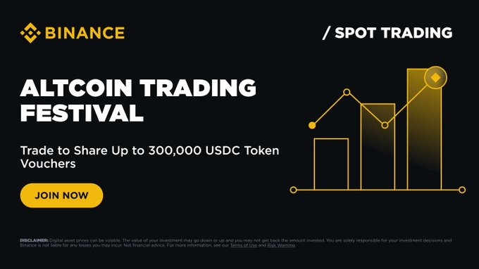 A Binance advertisement promoting their "Altcoin Trading Festival" on the Spot Trading platform, offering participants a chance to share up to 300,000 USDC Token Vouchers by simply trading as they normally would, with a "Join Now" call-to-action button. The graphic features a rising bar chart with a cryptocurrency symbol, visually reinforcing the promotional message that everyday altcoin traders can earn rewards through their regular trading activity.
