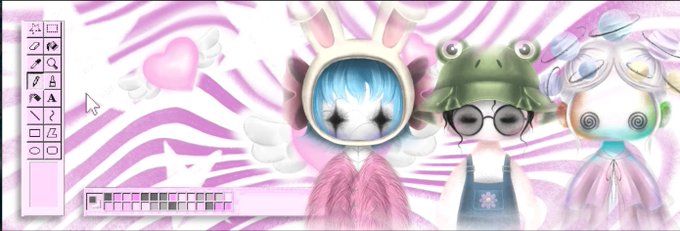 A pink zebra-striped digital banner with a drawing toolbar on the left side, featuring three cute characters: a blue-haired bunny-like figure, a frog character with glasses, and a pastel creature with spiral eyes, all with a kawaii aesthetic.