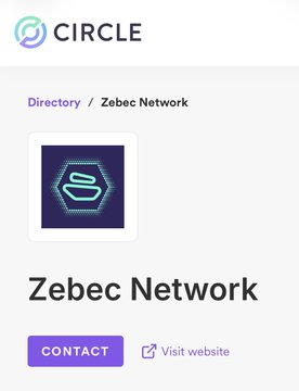 A directory listing from Circle featuring Zebec Network, displaying the Zebec logo alongside "CONTACT" and "Visit website" buttons. The image relates to the post by showcasing Zebec Network's partnership with Circle, which provides access to USDC and EURC stablecoins for use in their streaming payroll solutions on Arbitrum.