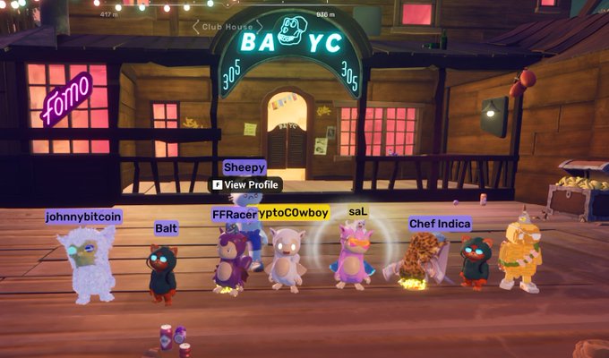 Screenshot from the BAYC (Bored Ape Yacht Club) virtual world showing multiple NFT avatars including 'johnnybitcoin', 'Bait', 'FFRacer', 'CryptoCOwboy', 'saL', 'Chef Indica', and 'Sheepy' in front of the BAYC Club House.
