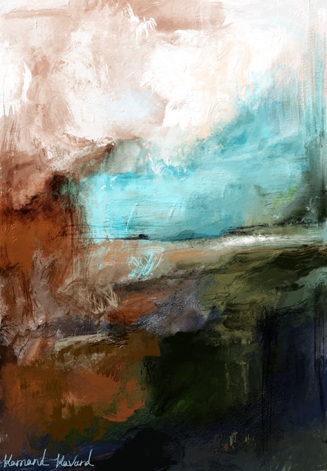 An abstract painting featuring blended brushstrokes of teal, brown, white, and dark green hues, signed 'Konrad Kailard' in the bottom left corner.
