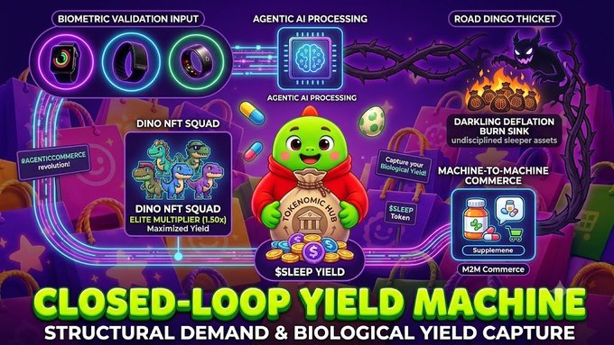 A complex crypto/NFT infographic titled 'CLOSED-LOOP YIELD MACHINE' featuring a cartoon turtle, 'DINO NFT SQUAD', 'AGENTIC AI PROCESSING', and '$SLEEP YIELD' elements.