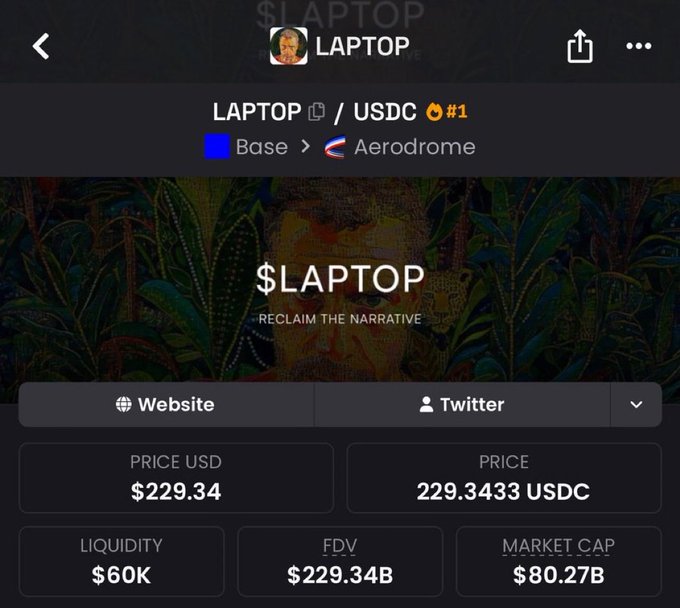 A cryptocurrency trading interface for '$LAPTOP' token paired with USDC on Aerodrome (Base network), showing a price of $229.34 and market cap of $80.27B.