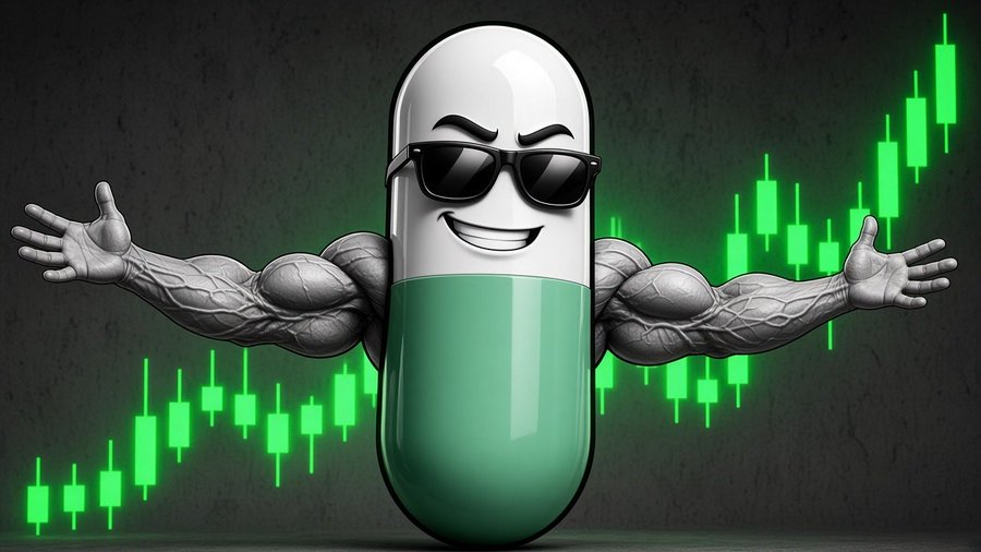 A cartoonish muscular green-and-white capsule character wearing sunglasses flexes its arms, set against a background of green stock market candlestick charts.