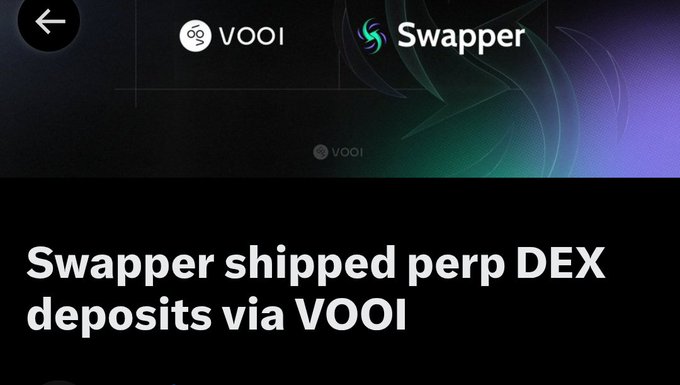 A dark header image displaying the VOOI and Swapper logos with the text "VOOI Swapper," accompanied by the headline "Swapper shipped perp DEX deposits via VOOI." This visually promotes the announcement that Swapper is integrating VOOI's Perps API to enable deposits from a perpetual DEX to any configured token and chain.