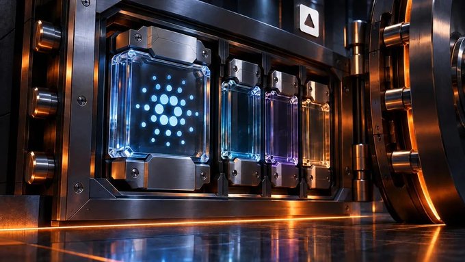A futuristic metallic vault or container holds glowing blue, purple, and amber cylindrical containers, with the leftmost blue one displaying a dotted emblem.