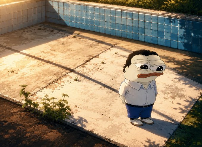 A digitally rendered image of a sad-looking cartoonish duck character with droopy eyes, wearing a white shirt and blue jeans, standing in an empty tiled swimming pool.