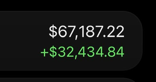 A close-up of a digital display showing a balance of "$67,187.22" in white text with a positive change of "+$32,434.84" in green.