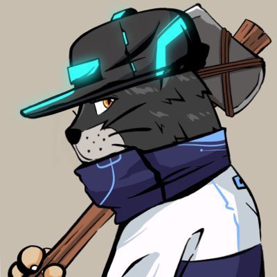 An illustrated character of an anthropomorphic black cat wearing a futuristic cap with glowing cyan accents, a blue and white outfit, and carrying a wooden-handled tool resembling a pickaxe.