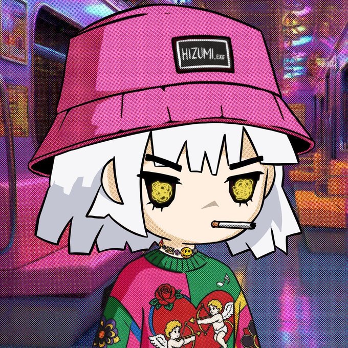 An anime-style illustration shows a character with white hair, yellow eyes, and a pink bucket hat labeled 'HIZUMI.EXE', wearing a colorful patterned shirt and smoking a cigarette.