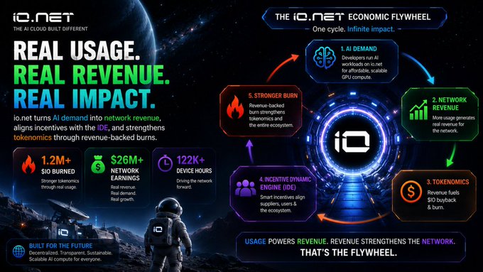 The image is a promotional graphic for io.net's "Economic Flywheel," featuring five interconnected stages (AI Demand, Network Revenue, Tokenomics, Incentive Dynamic Engine, and Stronger Burn) that drive a self-reinforcing cycle. It highlights key metrics including "$1.2M+ $IO BURNED," "$26M+ NETWORK EARNINGS," and "122K+ DEVICE HOURS," aligning with the post's emphasis on these figures as outcomes of io.net's unified economic system linking AI demand, network revenue, and tokenomics.