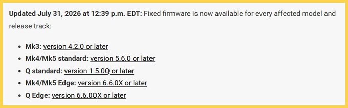 A text announcement updating users that fixed firmware is available for specific camera models as of July 31, 2026, listing required versions: Mk3 (4.2.0), Mk4/Mk5 standard (5.6.0), Q standard (1.5.0Q), Mk4/Mk5 Edge (6.6.0X), and Q Edge (6.6.0QX).