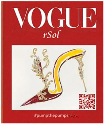 A red Vogue-branded graphic featuring an elegant high-heeled shoe illustration with the text "VOGUE rSol" and the hashtag "#pumpthepumps," tied to a Solana-based meme token promotion using the contract address 61wgvSvxv4NrCizCn5NrGTgLkvXqsxfsXKDfVyqzGV8i.