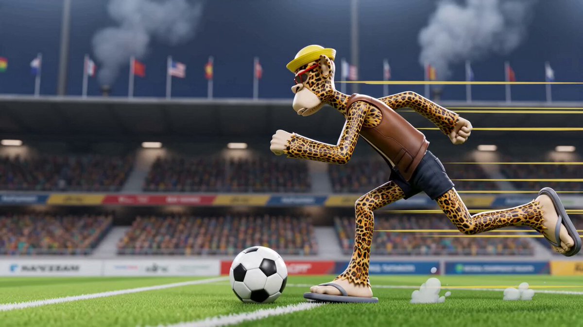 The image features a cartoon character, likely a leopard or cheetah, running across a soccer field with a soccer ball nearby. The caption above the image reads "Who's ready to take over Otherside for the World Cup? Cheetahs up 3-0 In the AI Cinematic Cup". This suggests that the image is related to an animated movie or TV show featuring a cheetah or leopard character competing in a soccer match, with the title of the post indicating it is part of an AI-generated content. The image and caption are likely meant to be humorous or entertaining, as they reference popular culture elements like the World Cup and cartoon characters.