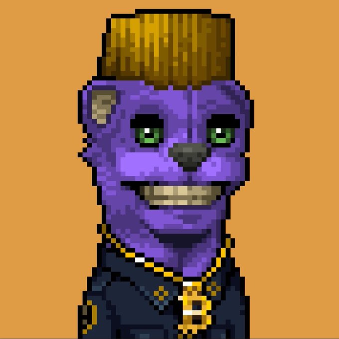 A pixel art portrait of a purple anthropomorphic bear-like character with a flat-top haircut, green eyes, a wide smile, wearing gold chains and a dark shirt against a brown background.