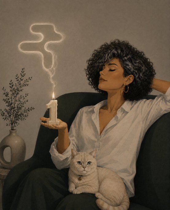 A woman with curly hair sits peacefully in a dark armchair, eyes closed, holding a lit candle whose smoke forms the shape of a cross—symbolizing faith and reflection on a meaningful journey—with an orange tabby cat resting comfortably on her lap. The image evokes the contemplative, nostalgic mood of the post, which marks one year since joining the @RialoHQ Discord and reflects on personal growth, learning, and community.
