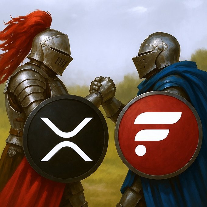 An artistic depiction of two knights in armor facing each other in combat; one holds a black shield with the XRP logo and the other holds a red shield with a stylized white logo, symbolizing a battle between cryptocurrencies.