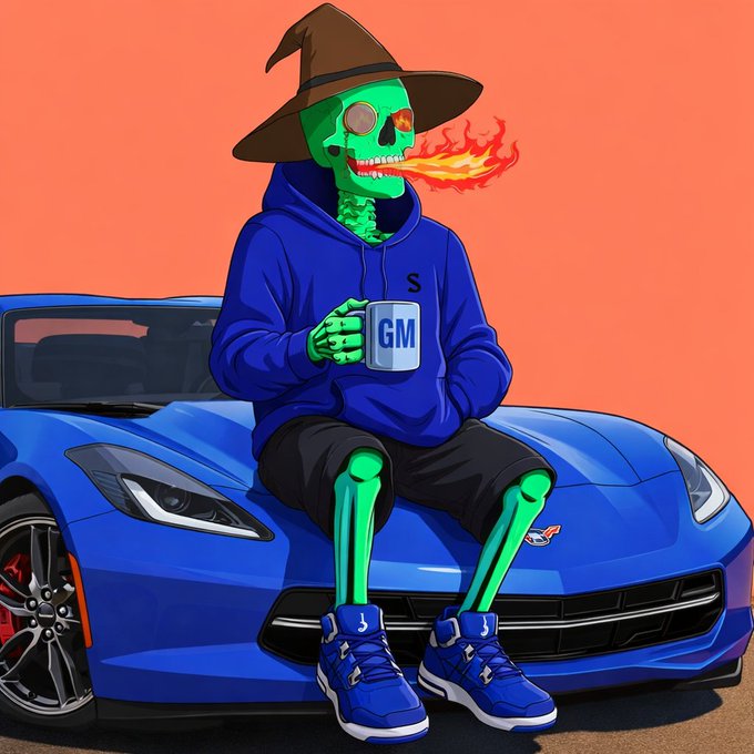A stylized cartoon image of a green skeleton wearing a wizard hat and blue hoodie, sitting on the hood of a blue Chevrolet Corvette while holding a mug labeled "GM" and breathing fire.