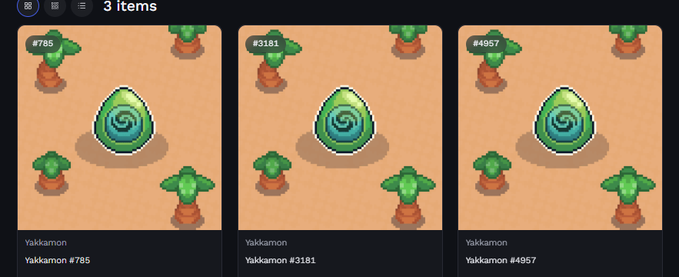 Three identical sprites of 'Yakkamon #785, #3181, #4957' are displayed, each showing a green and blue spiral shell surrounded by palm trees on a sandy background.