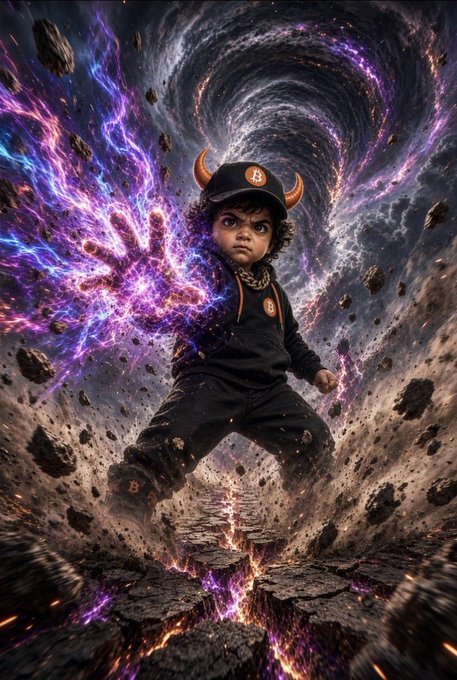 A fantastical digital artwork depicting a young child wearing a horned cap and dark clothing, with one hand outstretched emanating glowing purple and pink cosmic energy amidst floating rocks and a swirling vortex background.