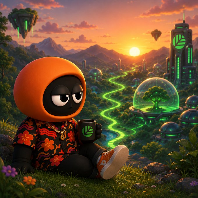 The image features a cartoon character wearing an orange hoodie with flowers on it sitting on some grass near a mountain range at sunset. The character has a cup of coffee in their hand. The background shows mountains, buildings, and trees, creating a picturesque scene that captures the essence of nature and human creativity.