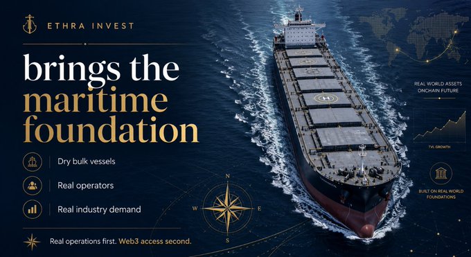 The image displays an Ethra Invest graphic with a large cargo ship, highlighting "brings the maritime foundation" and listing "Dry bulk vessels," "Real operators," and "Real industry demand." This visually represents the core shipping business of Ethra Invest that Ethra Ship builds upon.