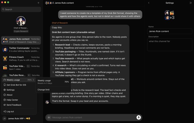 A dark-themed Grok Bot interface shows the "James Rule content" channel at 70% weekly usage (with "Weekly usage resets in 3 days"), displaying a chat where a user requested a "Grok Bot format" template detailing a six-agent content team with roles like Research lead, YouTube packaging, and Affiliate/sponsors. The image illustrates the post's concern about rapidly consuming Grok usage credits, as the user's activity has already pushed weekly usage to 70%.