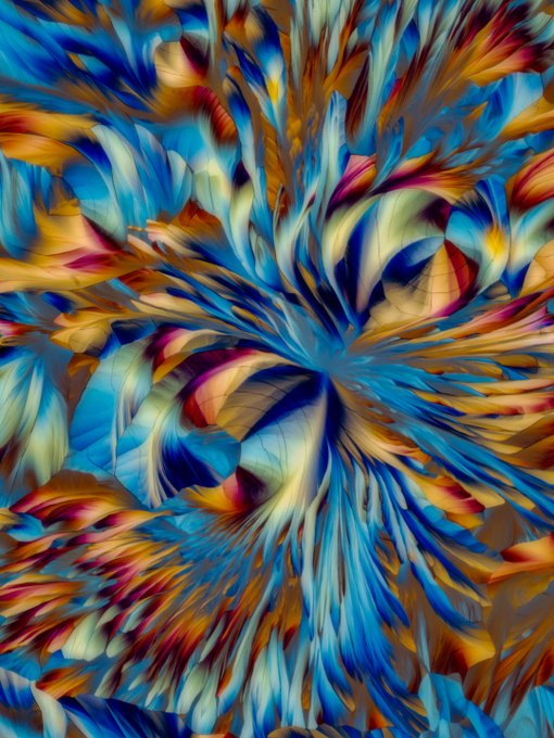 An abstract digital artwork with swirling patterns of blue, orange, gold, and pink colors radiating from the center.