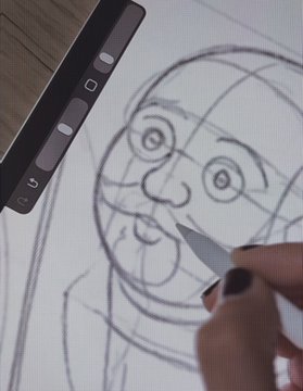 A hand with black nail polish sketches a face using a stylus on a tablet, with construction lines visible around the large, expressive eyes and rounded features. The caption "GM sketch final" reflects the creative digital drawing process captured in the image.