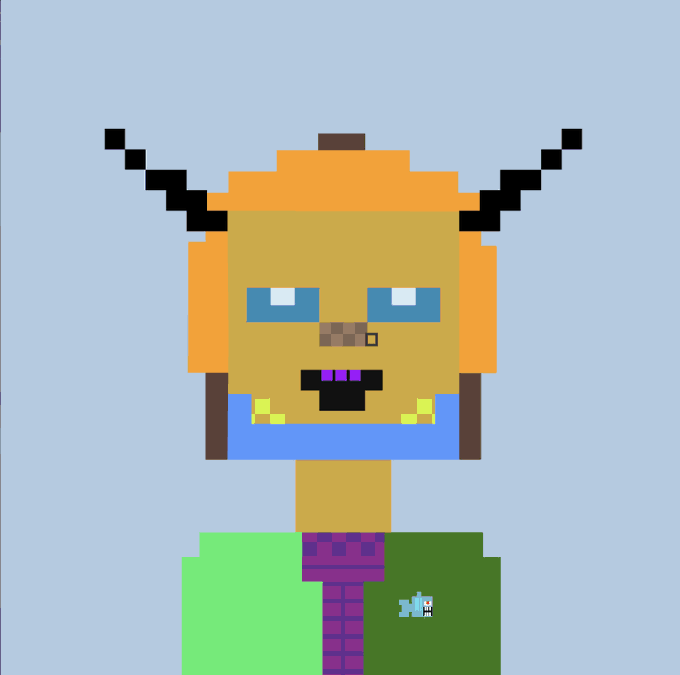 A pixel art character with orange hair, black horn-like antennae, and an open-mouthed expression, standing against a light blue background.