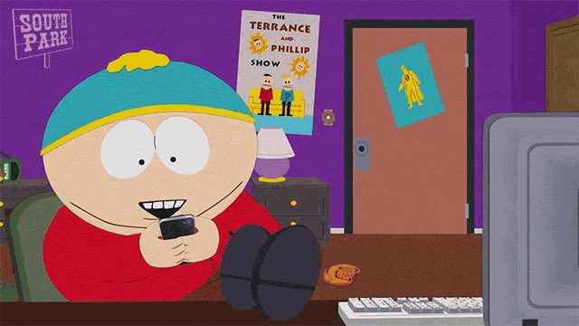 This South Park image shows Eric Cartman on his phone, possibly checking financial charts, relating to the post's commentary on market timing and investment lock-in periods.