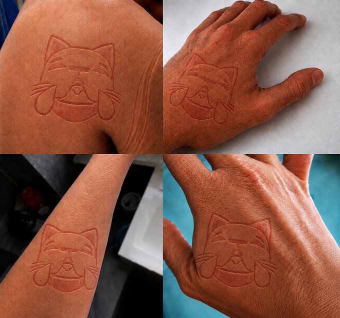 A four-panel collage shows a cat tattoo featuring a smug, smiling feline face with whiskers and slanted eyes, inked on different areas of the body including the back of a hand, the top of the foot, the forearm, and the palm. The image relates to the post's meme about being "MOG coded," using the tattoo as a permanent symbol of the person's dedication to the $MOG crypto movement and lifestyle.
