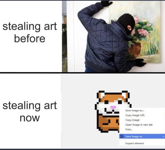 A two-panel meme comparing 'stealing art before' (showing a masked thief physically removing a painting) with 'stealing art now' (showing a pixel art red panda and a browser right-click menu with 'Save image as' highlighted).